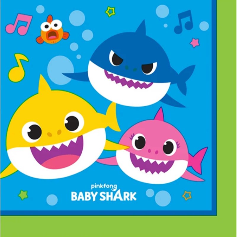 Pack of 16 Baby Shark beverage napkins featuring colorful sea creature designs for fun parties.