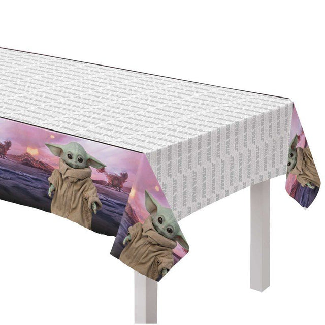Vibrant Mandalorian Star Wars tablecover, featuring characters like Baby Yoda for themed parties, measuring 137cm x 243cm.