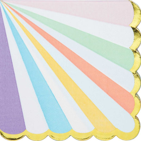 Pack of 16 pastel scalloped lunch napkins with gold foil accents for elegant party settings and special occasions.