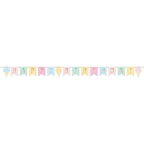 Colorful ice cream party decor ribbon banner for happy birthday celebrations, measuring 15cm x 2.52m.