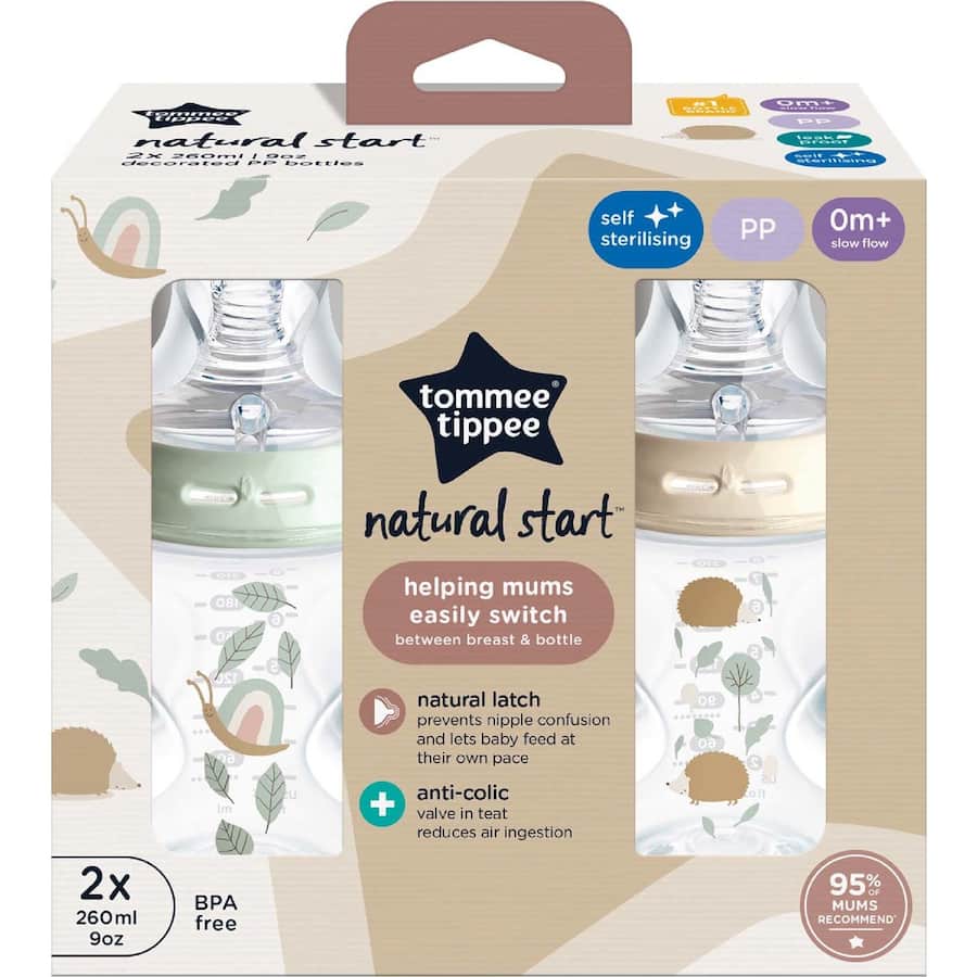 Tommee Tippee Natural Start Baby Bottle Decorated Pp Slow Flow 0m+ 2 pack 260mL