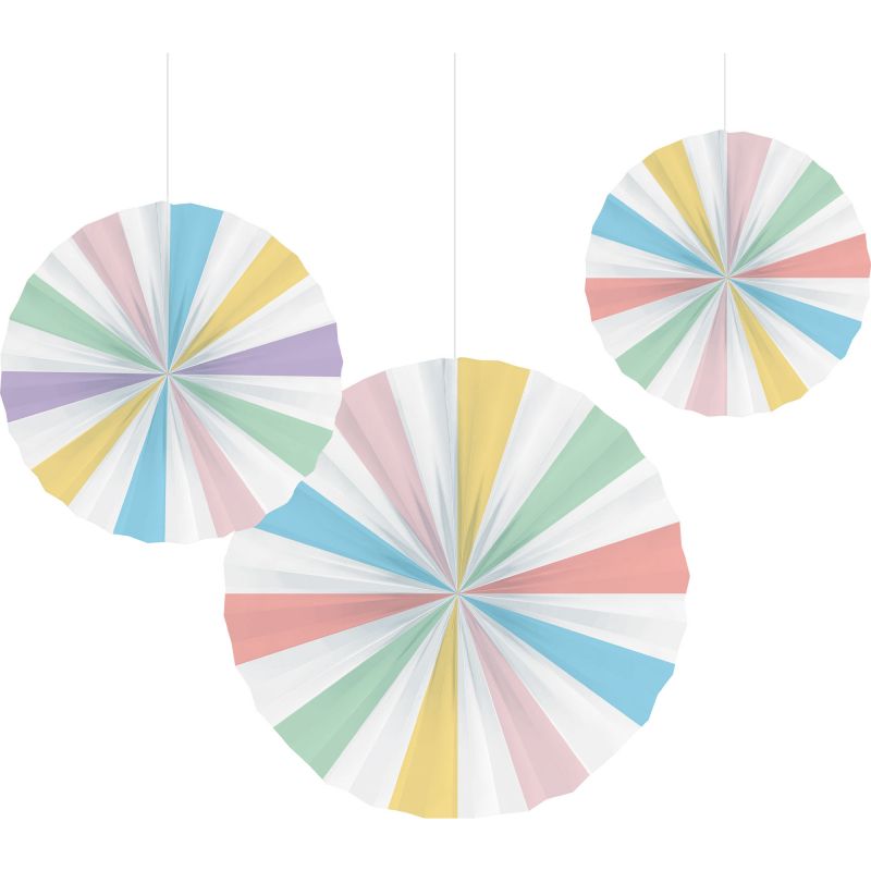 Colorful pastel paper fan decorations in three sizes (25cm, 30cm, 40cm) for festive celebrations and stylish decor.