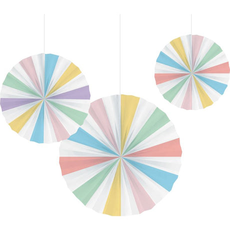 Colorful pastel paper fan decorations in three sizes (25cm, 30cm, 40cm) for festive celebrations and stylish decor.