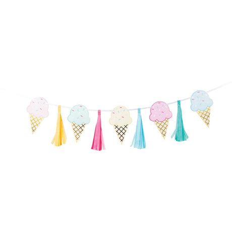 Vibrant Ice Cream Party Tassel Ribbon Banner, 20cm x 1.4m, perfect for kids' parties and summer celebrations.