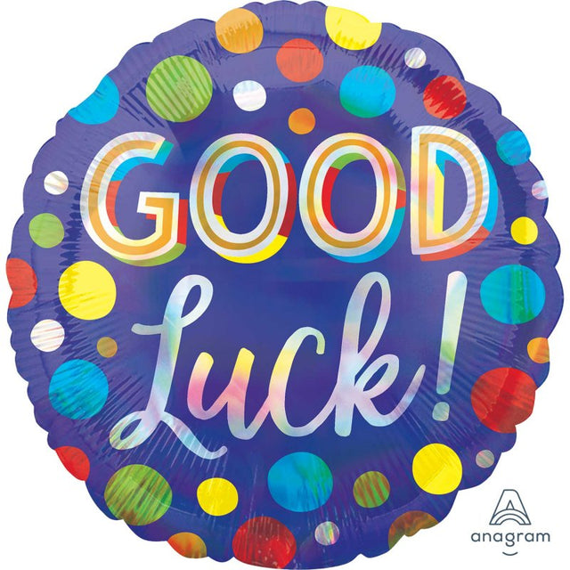 Iridescent foil balloon with good luck dots, 45cm, self-sealing for easy decoration.