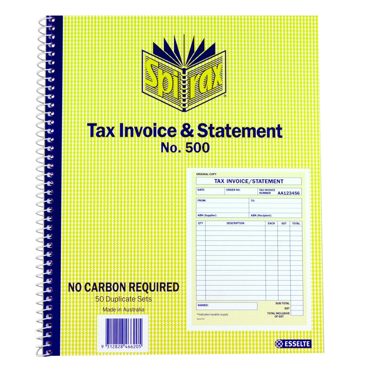 SPIRAX 500 Tax Invoice & Statement Book, 250x200mm, with 50 duplicate sets, carbonless NCR paper, and spiral binding.
