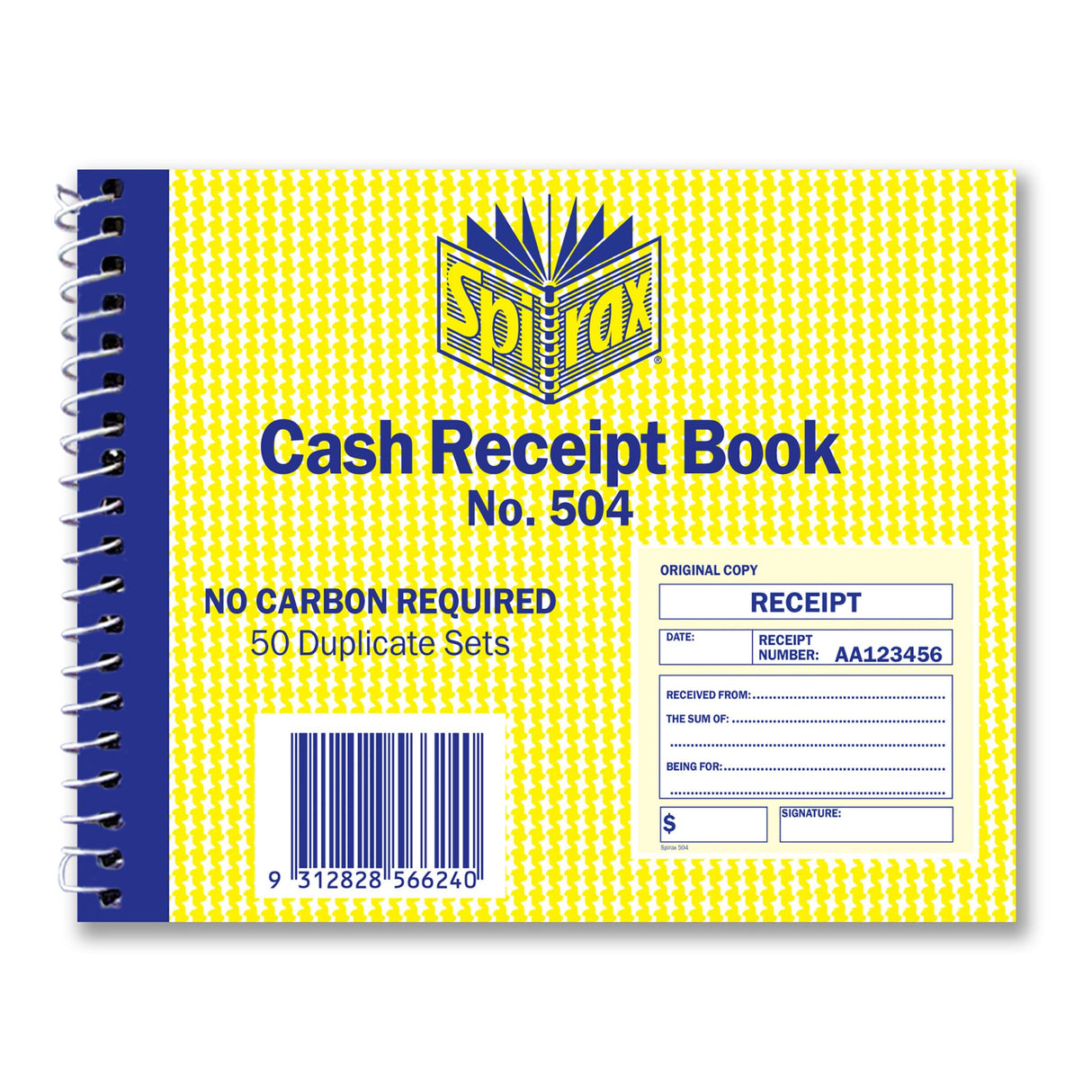 SPIRAX 504 Cash Receipt Book, 102x127mm, featuring 50 duplicate sets and carbonless NCR paper for clear records.