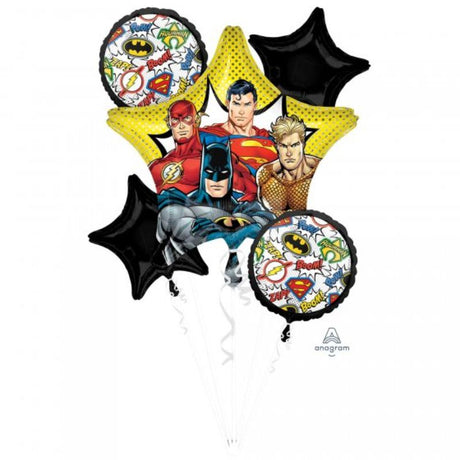Colorful Justice League balloon bouquet featuring iconic superheroes, perfect for superhero-themed celebrations.