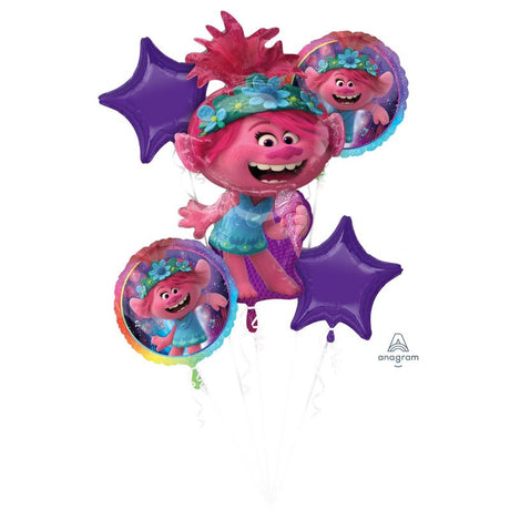 Pack of 5 vibrant Trolls World Tour balloons, including unique shaped and standard balloons for festive celebrations.