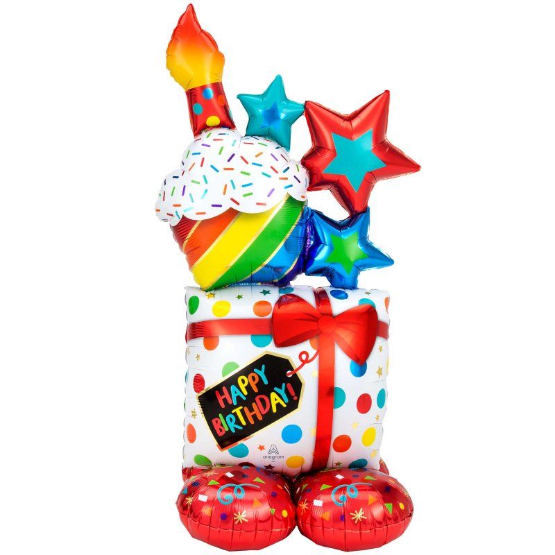 AirLoonz Happy Birthday foil balloon featuring stacked icons, measuring 71cm x 139cm, designed for air fill only.