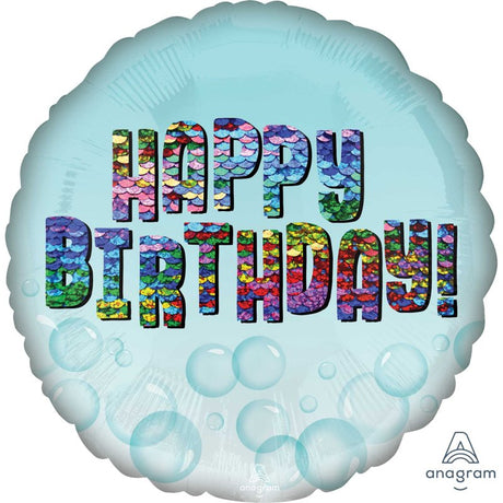 Stunning 45cm Std Hx Hbd foil balloon with vibrant sequins, perfect for adding glamour to birthday celebrations and parties.