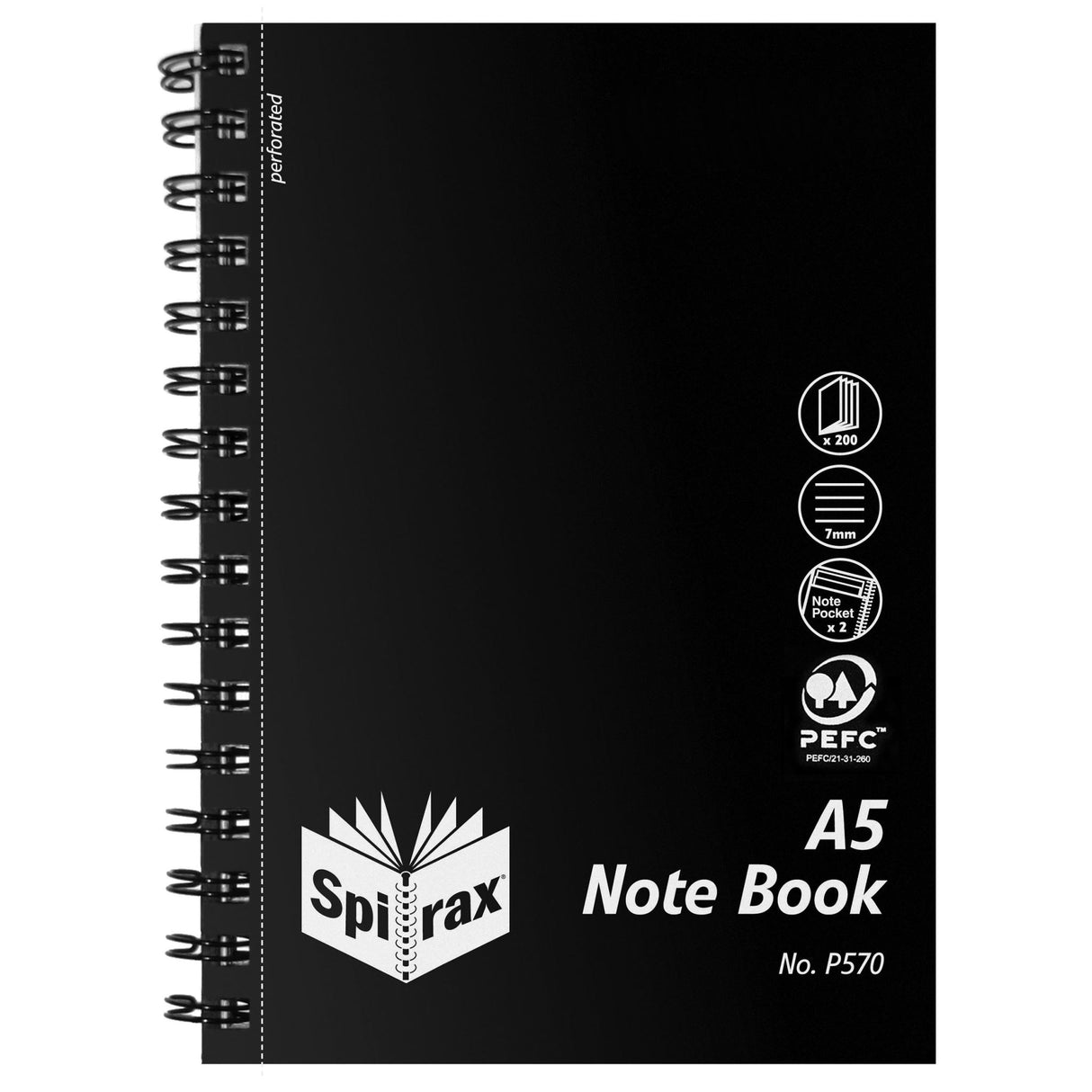 A5 Spirax P570 notebook with 200 ruled pages, durable black cover, side-opening for easy access, and note pockets.