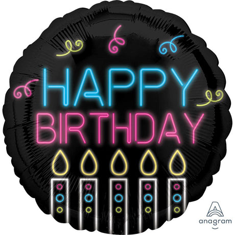 Vibrant 45cm neon foil balloon with 'Happy Birthday' message, perfect for festive celebrations and party decor.