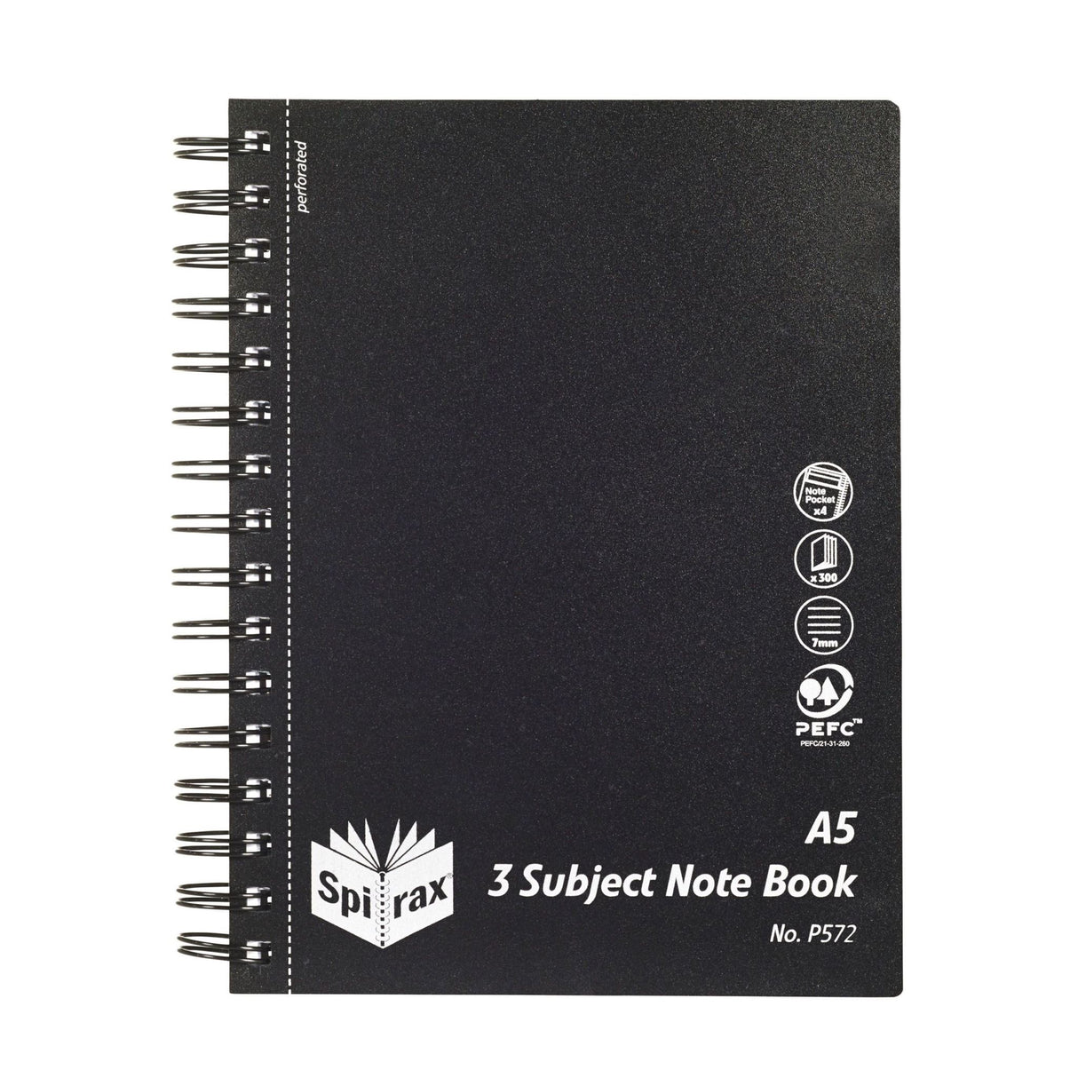 Spirax P572 A5 3 Subject Book with 300 pages, black cover, and 7mm ruled lines, includes dividers for easy organization.