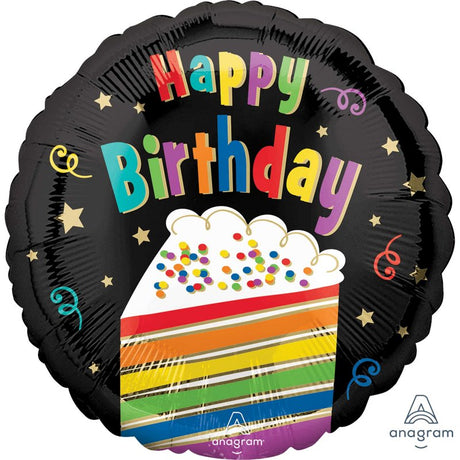 Vibrant 45cm rainbow cake foil balloon, perfect for birthday and festive celebrations, self-sealing for long-lasting fun.