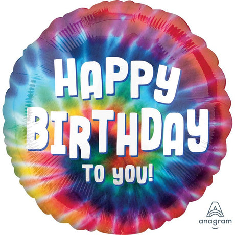 Vibrant 45cm tie-dye foil balloon with 'Happy Birthday' message, perfect for colorful party decor.