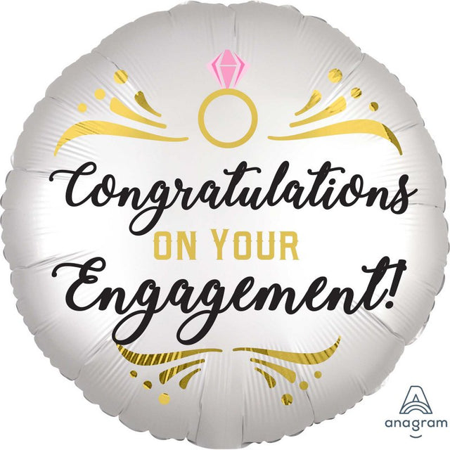 Elegant 45cm satin foil balloon celebrating engagement, perfect for parties and romantic occasions.