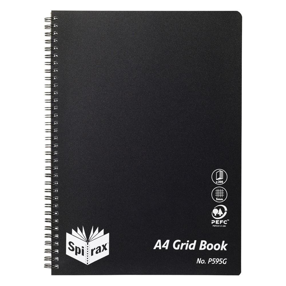 Spirax P595g A4 grid book with 200 pages, 5mm grid lines, durable black cover, designed for note-taking and sketching.