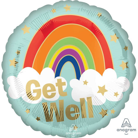 Self-sealing 45cm golden rainbow foil balloon with 'Get Well' message.