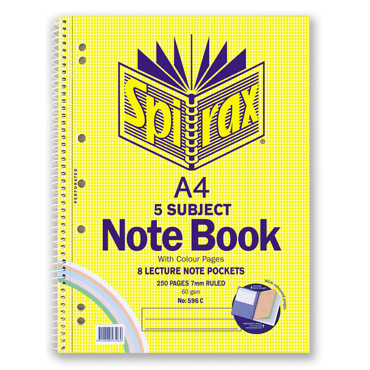 Spirax 596C A4 notebook with 250 colored pages, 5 subjects, 4 dividers, and perforated sheets for easy note management.