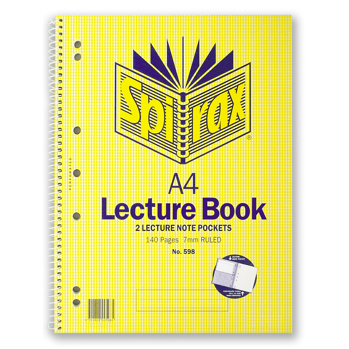 Spirax 598 A4 Lecture Book with side opening, 140 pages, red ruled margins, and 7 hole-punched sheets for binders.