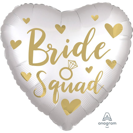 Satin finish 45cm foil balloon featuring 'Bride Squad' text, perfect for bridal showers and bachelorette parties.