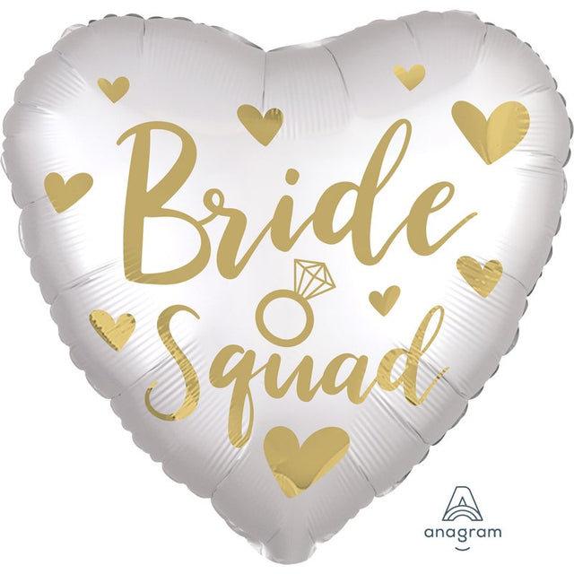 Satin finish 45cm foil balloon featuring 'Bride Squad' text, perfect for bridal showers and bachelorette parties.