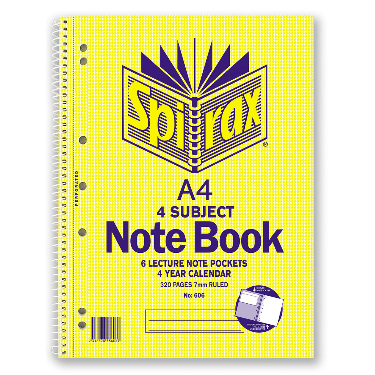 Spirax 606 A4 notebook with 320 pages, 4 subjects, ruled lines, dividers, and a 4-year calendar for organized note-taking.