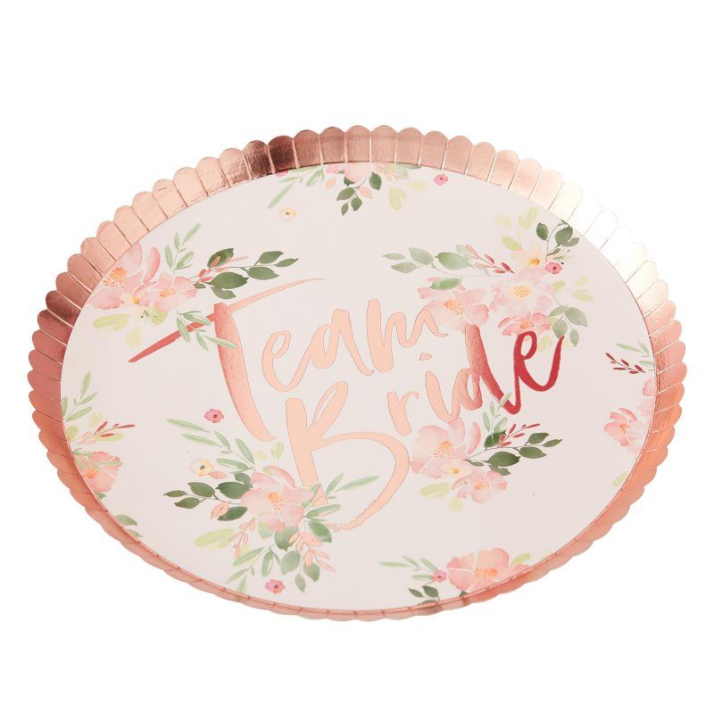 Pack of 8 floral hen party paper plates (24cm) for stylish celebrations and easy cleanup.