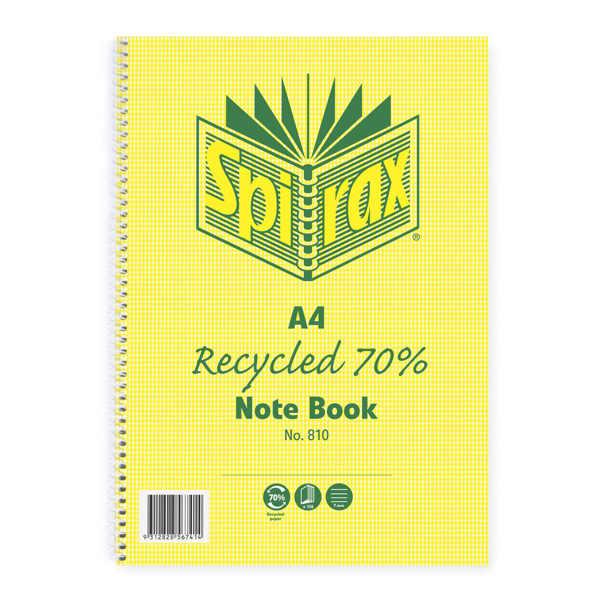 Spirax 810 A4 Recycled Notebook with 120 pages, Hounds Tooth cover, and smooth 70gsm paper for eco-friendly note-taking.