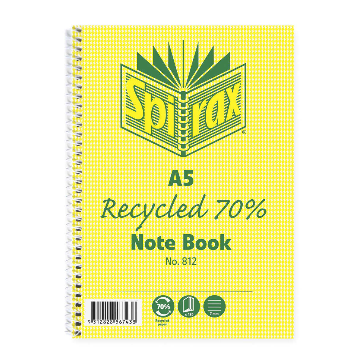 Spirax 812 A5 Recycled Notebook: 120 pages of 70gsm paper with a stylish Hounds Tooth cover and side spiral binding.