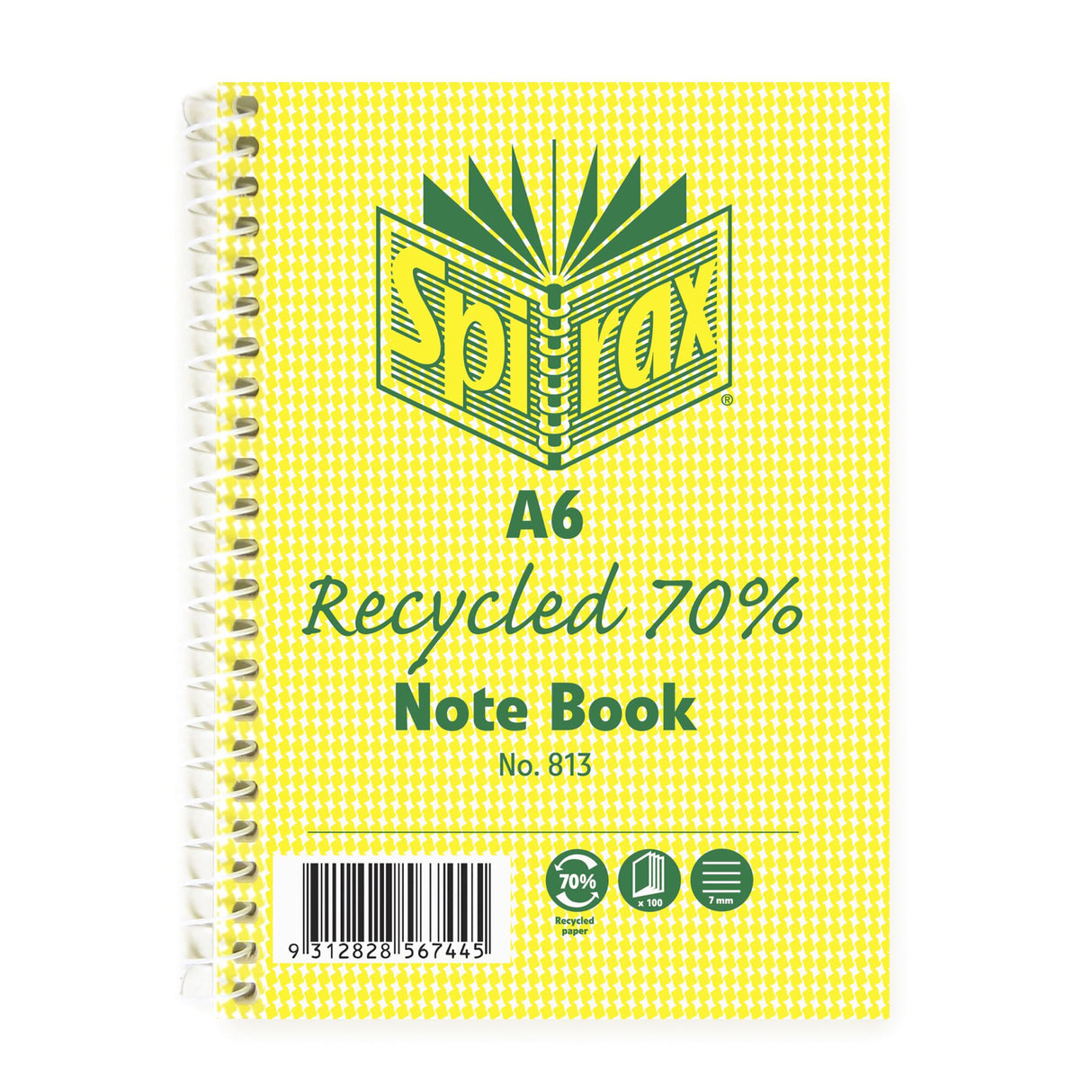 A6 Spirax 813 recycled notebook with green Hounds Tooth cover, 100 smooth pages, and durable spiral binding. Eco-friendly choice.