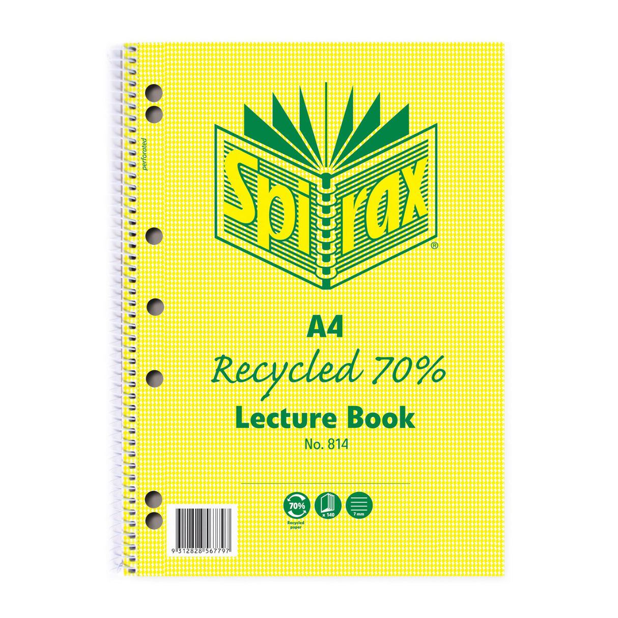Eco-friendly Spirax 814 A4 lecture book with 140 pages, spiral-bound, featuring a stylish Hounds Tooth cover and recycled paper.