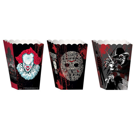 Assorted Warner Bros horror-themed popcorn boxes, 8-pack, cardboard construction, ideal for movie nights.