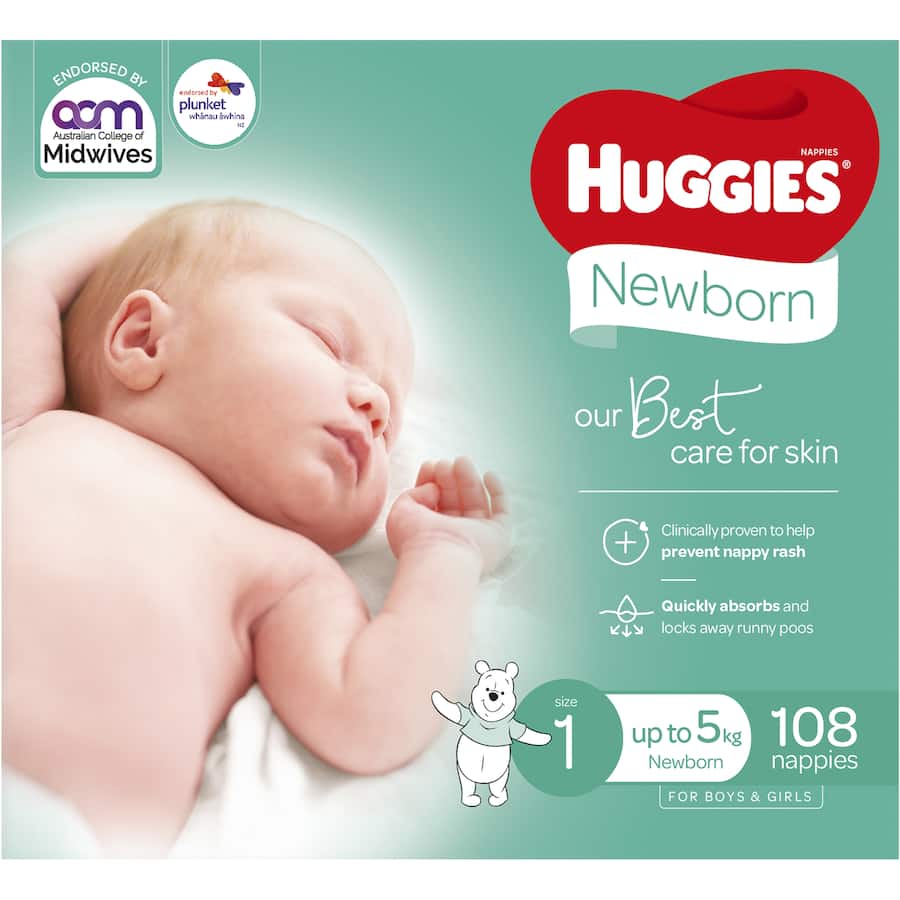 Huggies Newborn Nappies Boys & Girls Up To 5kg Size 1 108pack