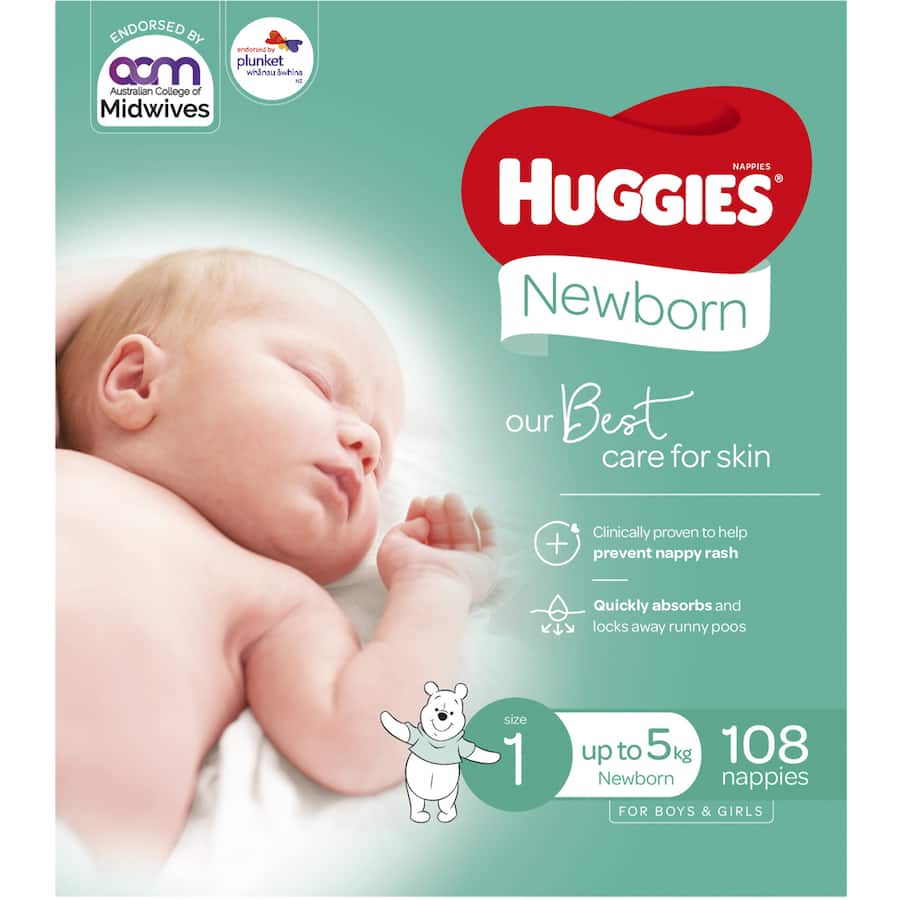 Huggies Newborn Nappies Boys & Girls Up To 5kg Size 1 108pack