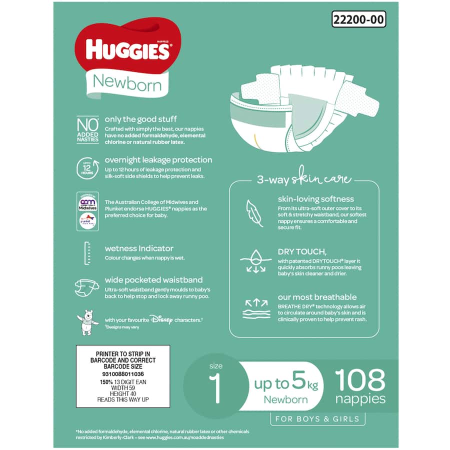 Huggies Newborn Nappies Boys & Girls Up To 5kg Size 1 108pack