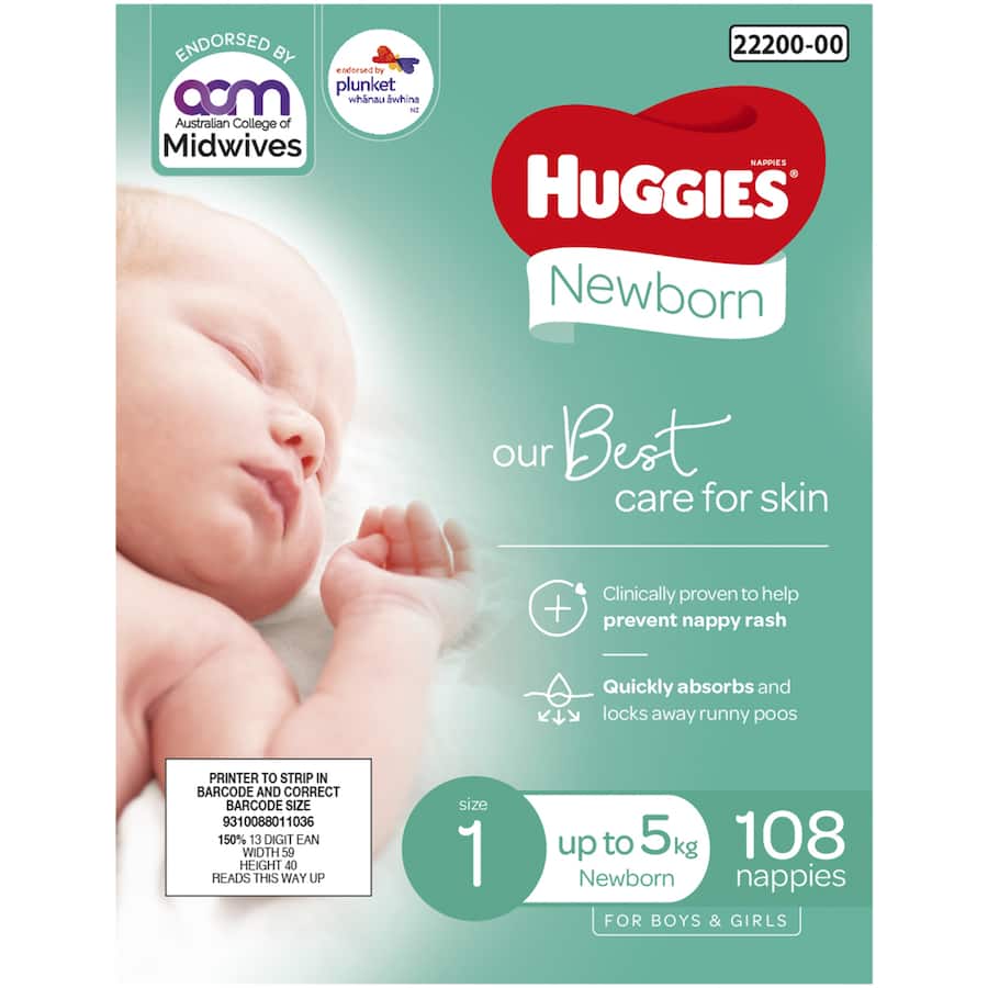 Huggies Newborn Nappies Boys & Girls Up To 5kg Size 1 108pack