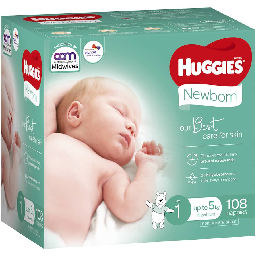 Huggies Newborn Nappies Boys & Girls Up To 5kg Size 1 108pack