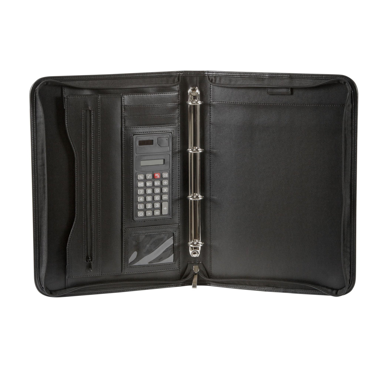 Sleek Spirax A4 zippered compendium with 4-ring binder, calculator, and storage pockets for documents and notes.