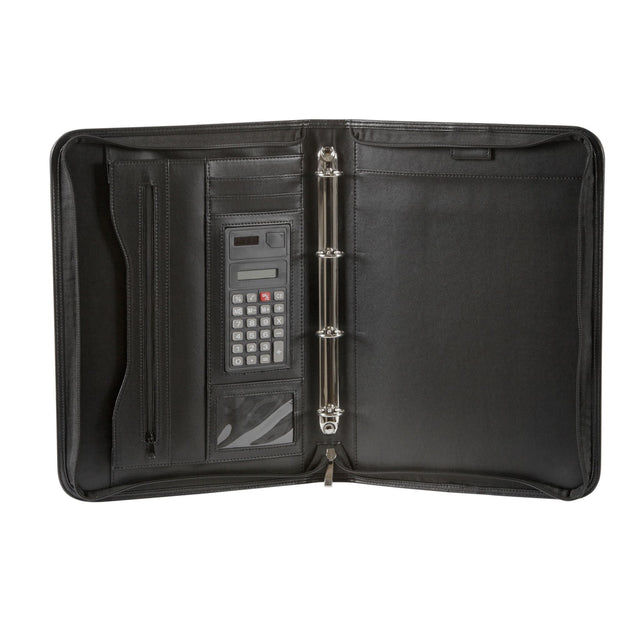 Sleek Spirax A4 zippered compendium with 4-ring binder, calculator, and storage pockets for documents and notes.