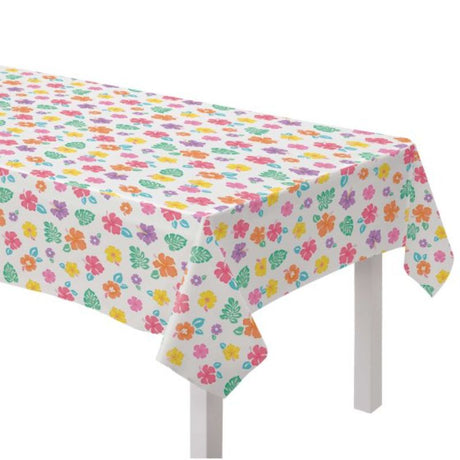 Vibrant Summer Hibiscus vinyl tablecover, 132cm x 228cm, ideal for outdoor dining and easy to clean.