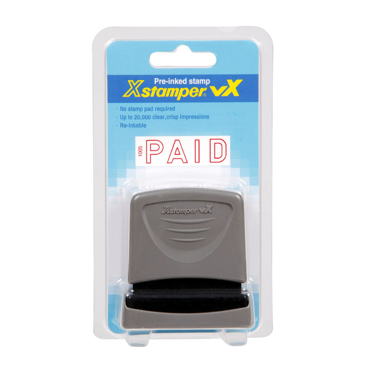 Xstamper Vx-B 1005 Paid stamp in vibrant red, offers up to 20,000 crisp impressions for efficient documentation.