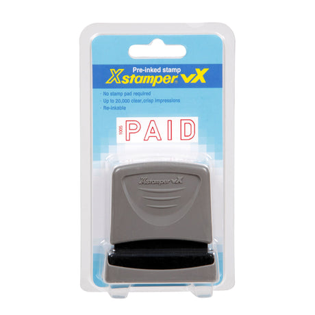 Xstamper Vx-B 1005 Paid stamp in vibrant red, offers up to 20,000 crisp impressions for efficient documentation.