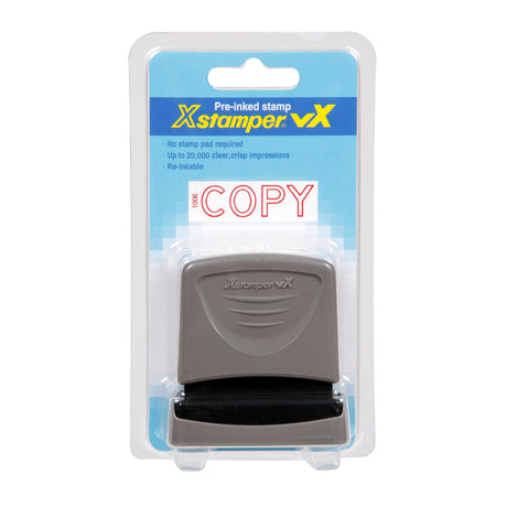 Pre-inked Xstamper Vx-B 1006 stamp in red for high-quality impressions, re-inkable, up to 20,000 uses.