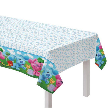 Colorful Blue's Clues paper tablecover, 137cm x 243cm, perfect for kids' birthday parties and easy cleanup.