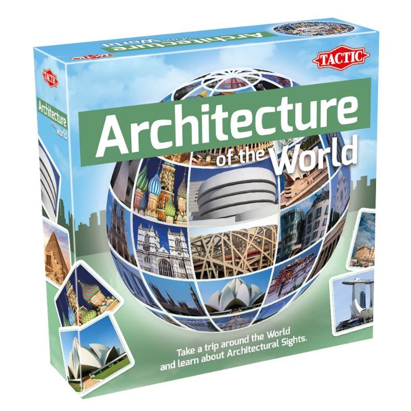 Card game featuring 50 architectural monument cards, designed for 2-4 players, combining fun with learning.