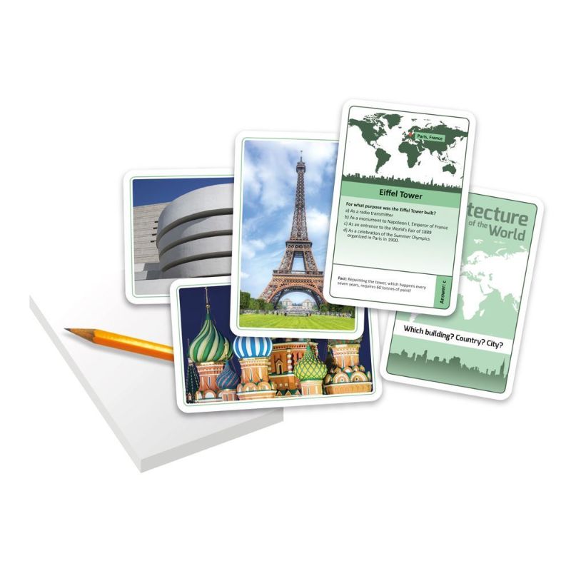 Card game featuring 50 beautifully designed architecture cards for 2-4 players, blending fun and education.