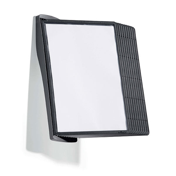 Wall-mounted display with 10 A4 black polypropylene panels and index tabs for organized document presentation.