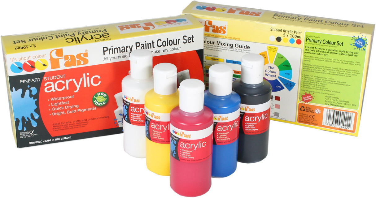 FAS Student Acrylic Primary Set with 5 vibrant 100ml bottles for artists, offering 500ml of high-quality paint.